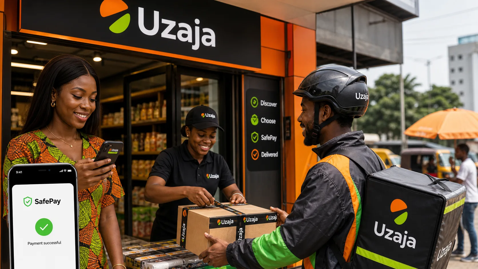 Uzaja buyer, seller, and courier completing trusted commerce in Nigeria