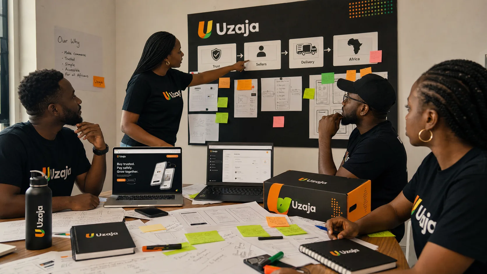 Uzaja team planning a trust-first marketplace from Nigeria