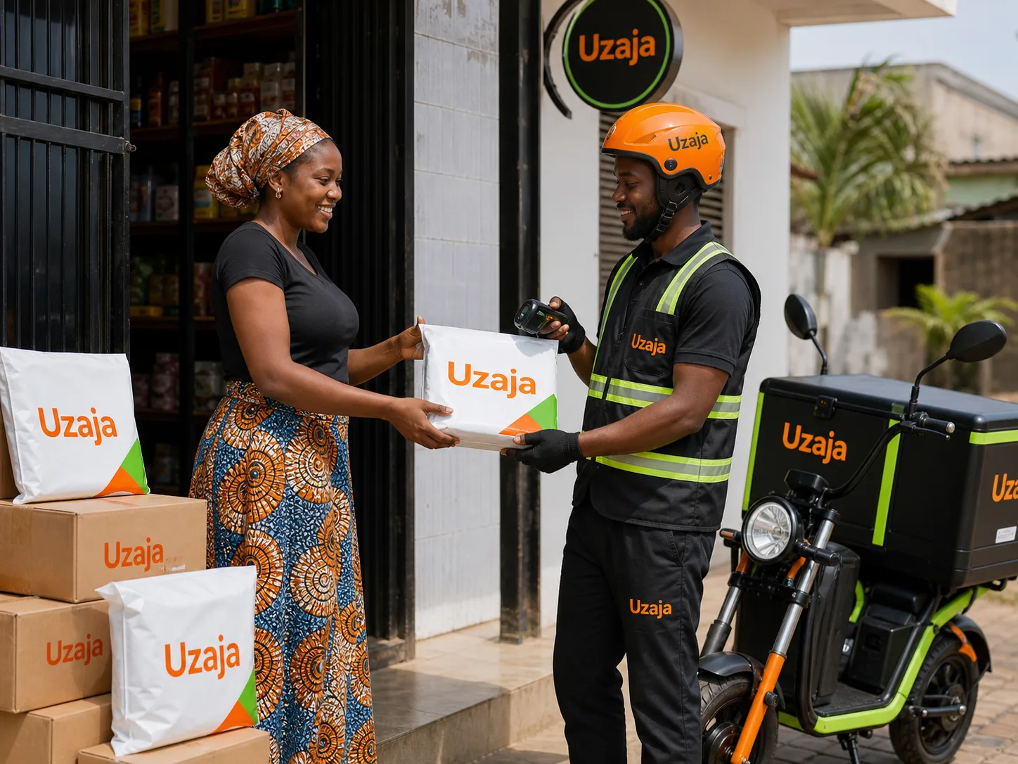 Uzaja courier scanning a package before delivery dispatch