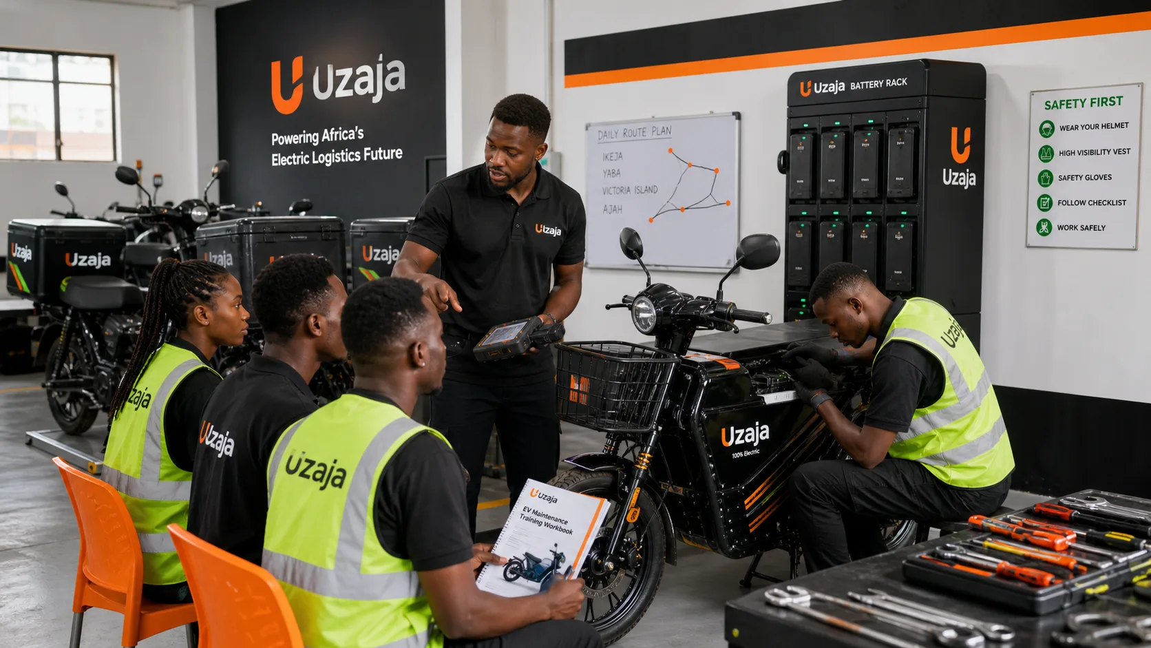 Uzaja EV maintenance trainees learning electric logistics skills