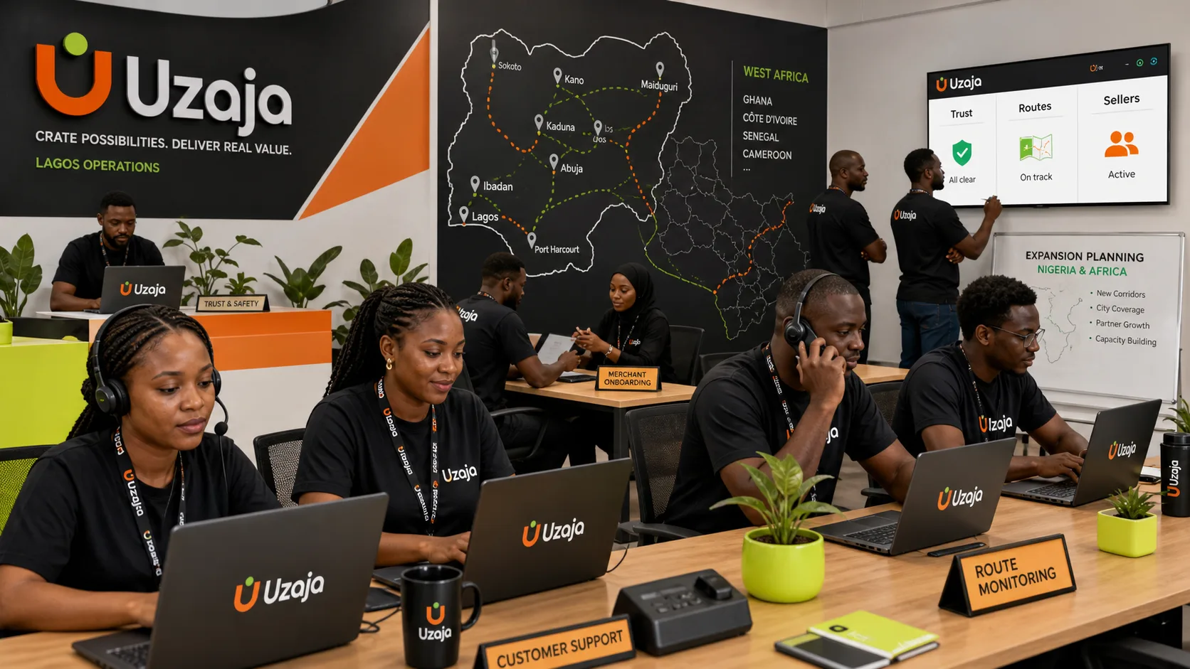 Uzaja operations team coordinating support, seller onboarding, route monitoring, and Africa expansion