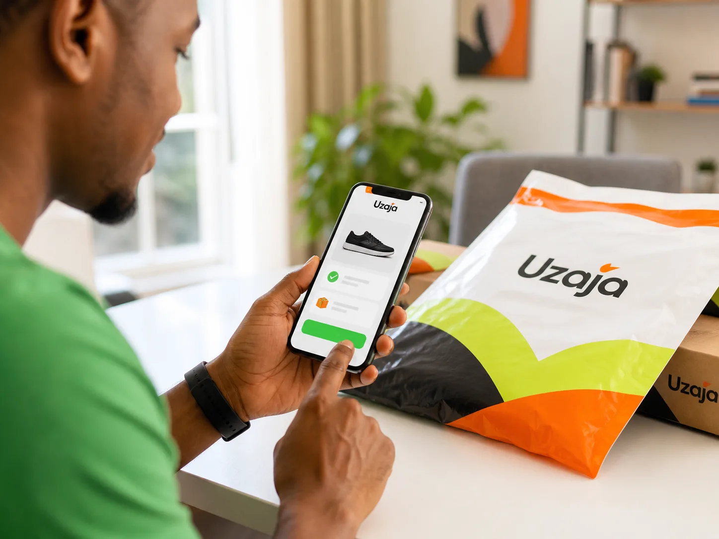 Uzaja SafePay checkout on a buyer phone with branded package